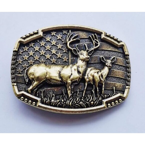 Men's Bronze American Flag, Elk, and Punk Head Designs Deer Belt Buckle - Picture 2 of 3